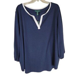 Lauren Ralph Lauren Women's 3X Navy V-Neck Top Plus Size Blouse